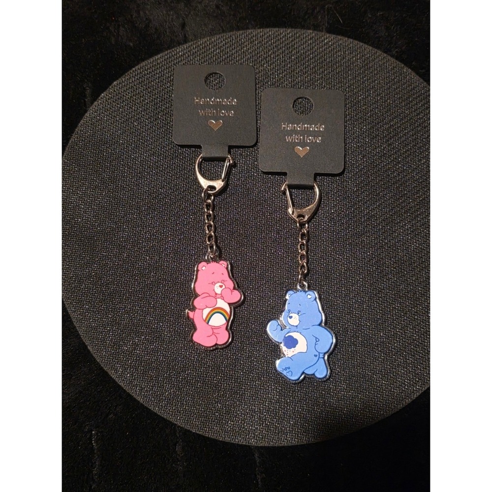 Set of 2 Bear Care Bears Keychains Grumpy Bear & Cheer Bear Pink Blue Handmade